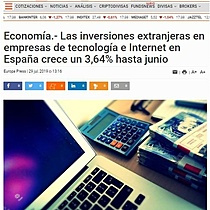 Las inversiones extranjeras en empresas de tecnologa e Internet en Espaa crece un 3,64% hasta junio